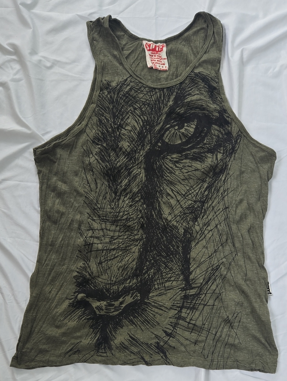 Men's Green Tank Top Silkscreened In Black With A Close Up Image Of A Tiger Face